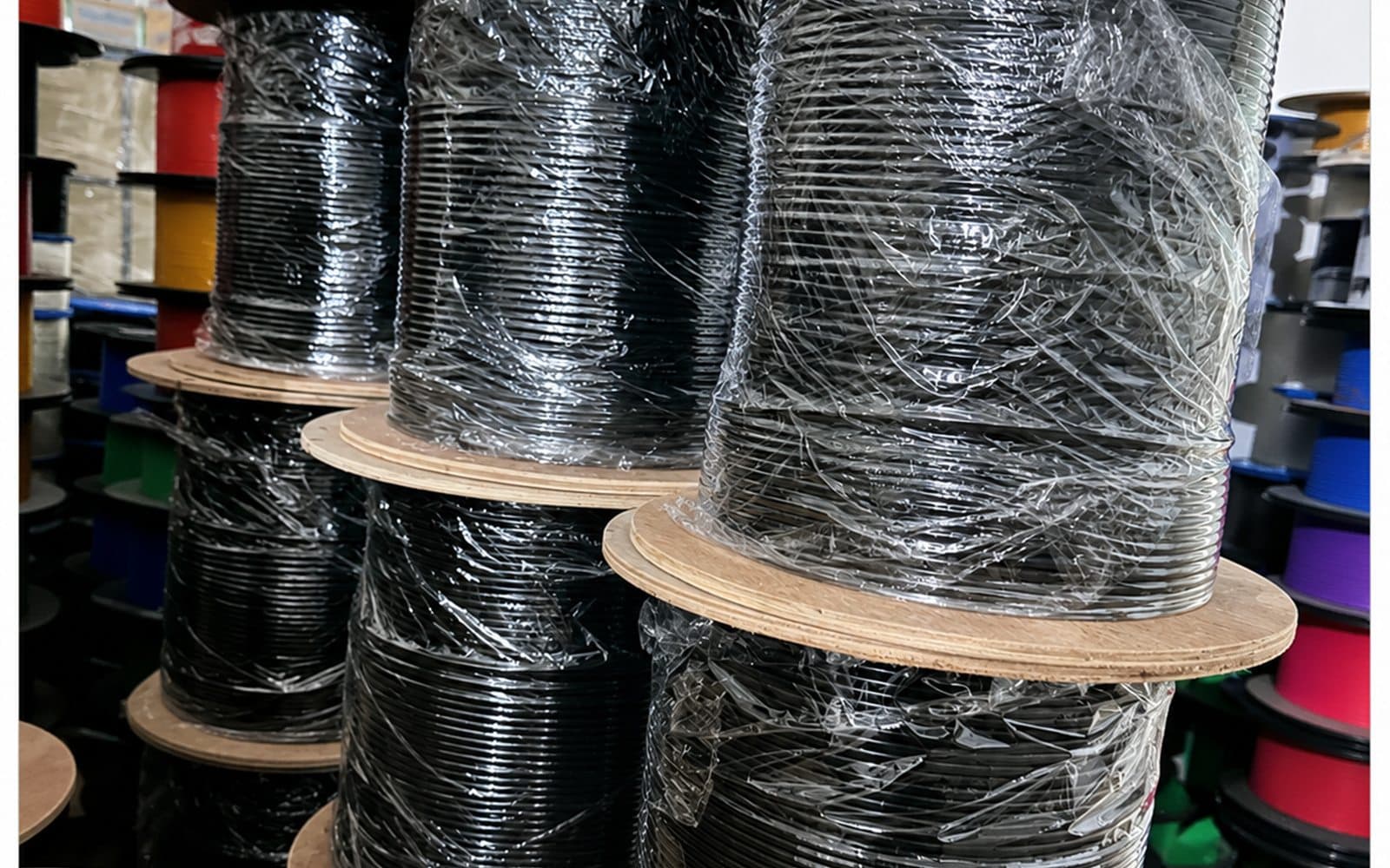 Carretes negros de cable preparados en fábrica y agrupados para entregas por etapas