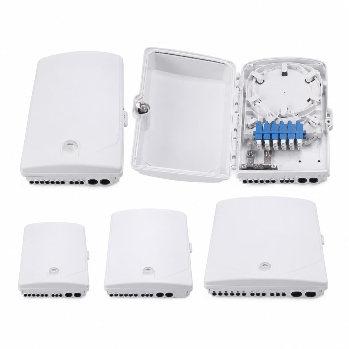 FTTH distribution box product photograph, not an audit of an operating Latin American network