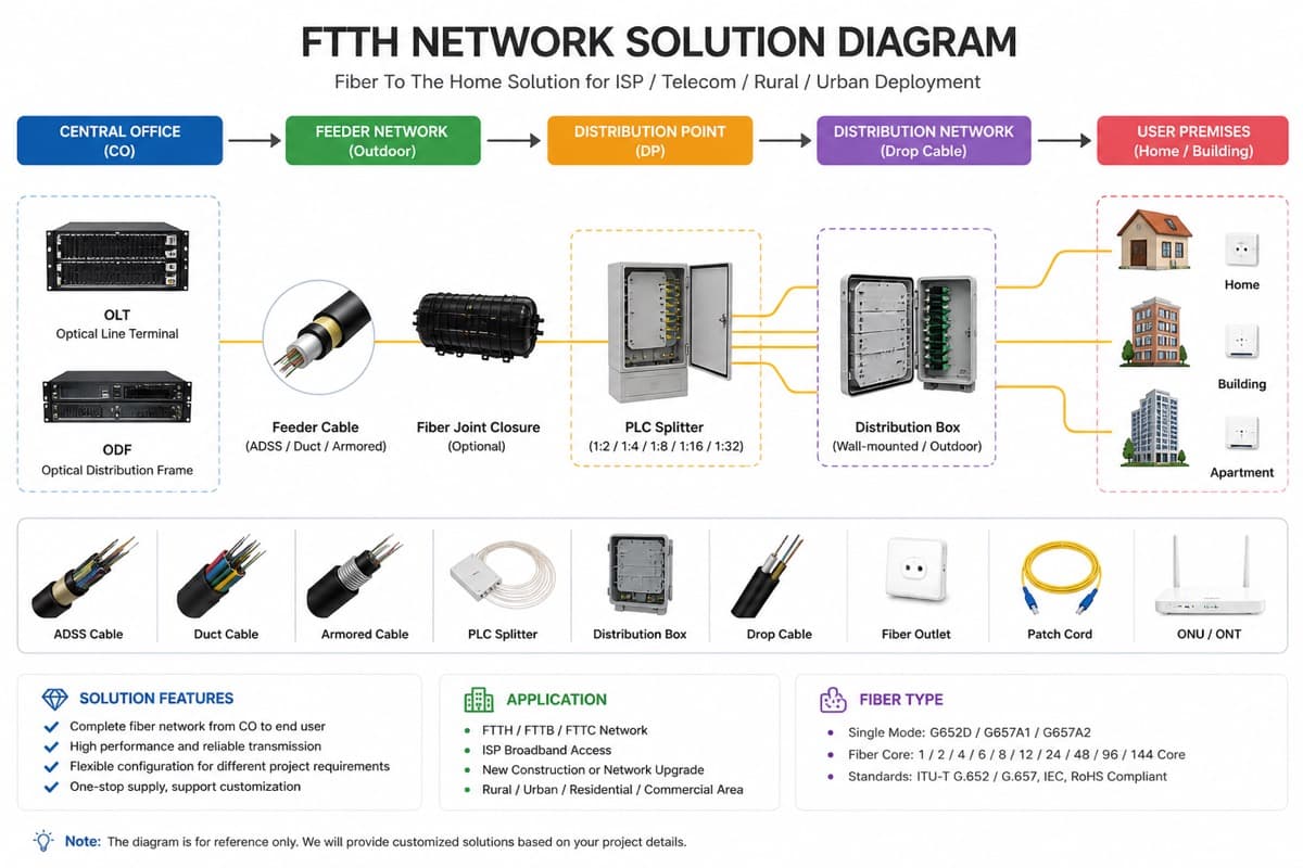 Diagrama completo de una red FTTH para proyectos ISP